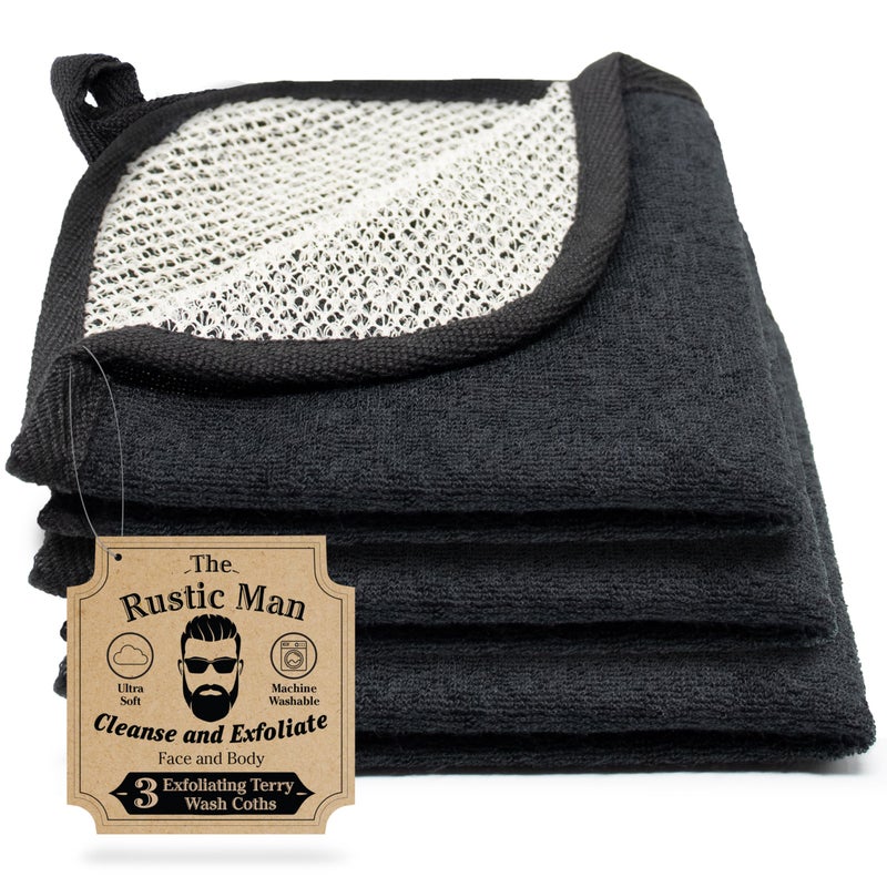 The Rustic Man منشفة تيري للوجه والجسم من ذا راستيك مان، منشفة تنظيف وتقشير مزدوجة الجوانب، قابلة للغسل في الغسالة، سوداء، 3 قطع - Image 1